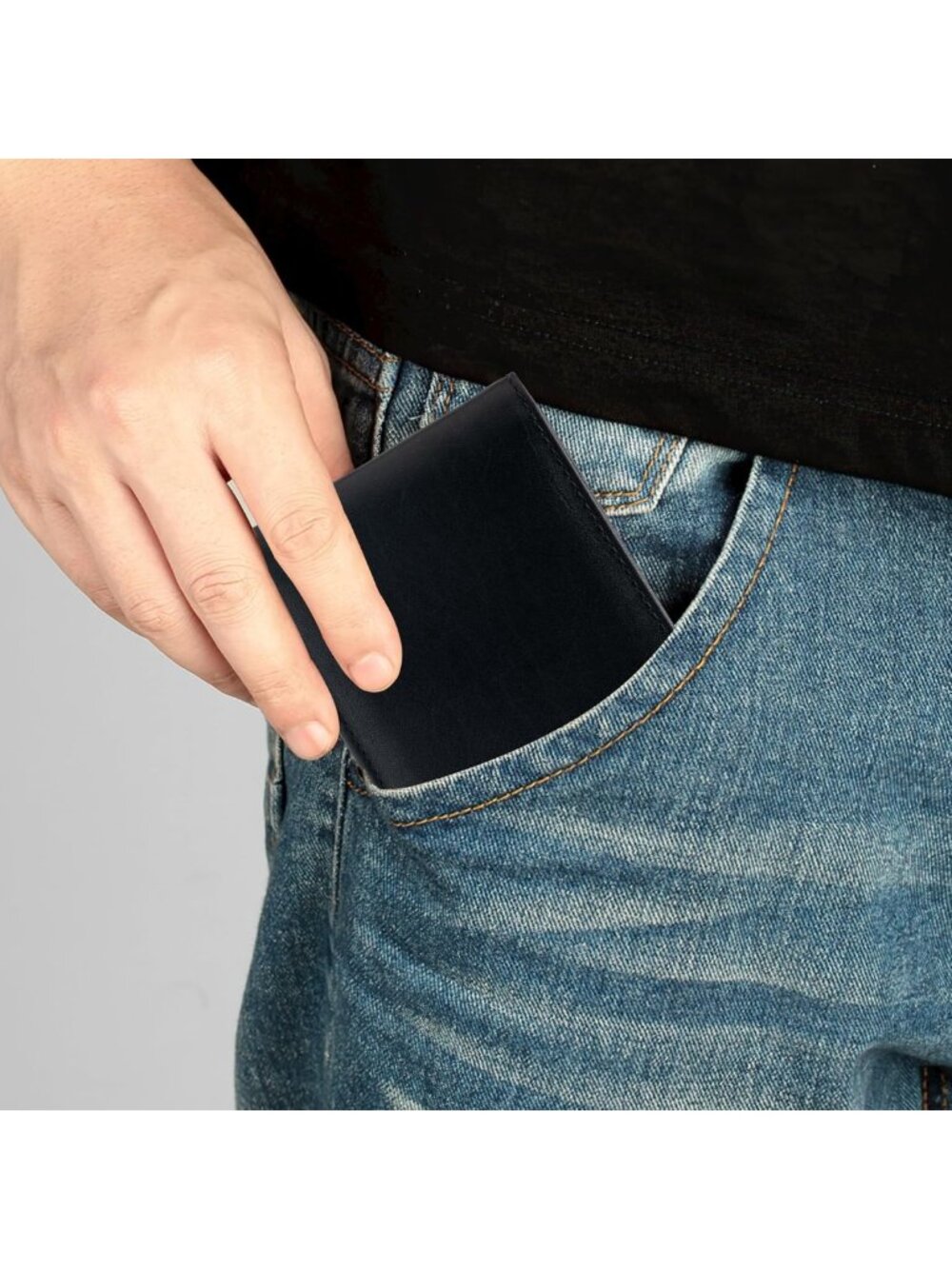Men's RFID Blocking Trifold Leather Wallet, Genuine Leather, 3 ID Windows, Black - Picture 6 of 6